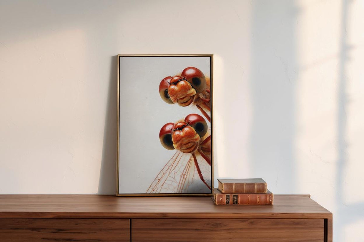 Red Dragonflies Poster, Whimsical Insect Wall Art, Quirky Peeking Animals Print, Woodland Bugs Nursery Decor, Funny Dragonfly Painting