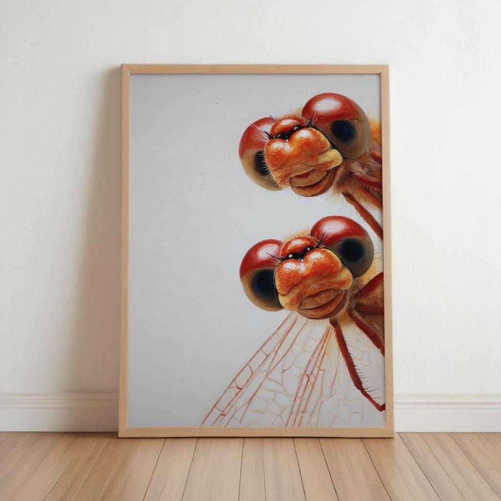 Red Dragonflies Poster, Whimsical Insect Wall Art, Quirky Peeking Animals Print, Woodland Bugs Nursery Decor, Funny Dragonfly Painting