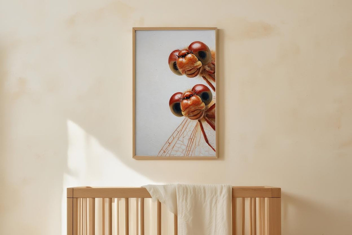 Red Dragonflies Poster, Whimsical Insect Wall Art, Quirky Peeking Animals Print, Woodland Bugs Nursery Decor, Funny Dragonfly Painting