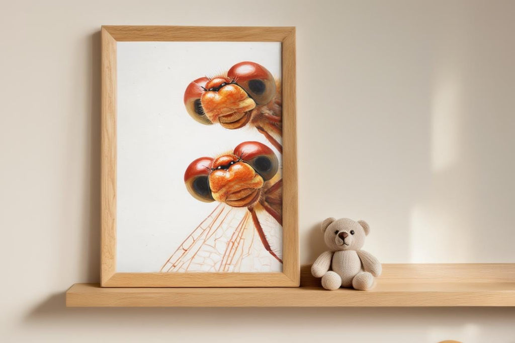 Red Dragonflies Poster, Whimsical Insect Wall Art, Quirky Peeking Animals Print, Woodland Bugs Nursery Decor, Funny Dragonfly Painting
