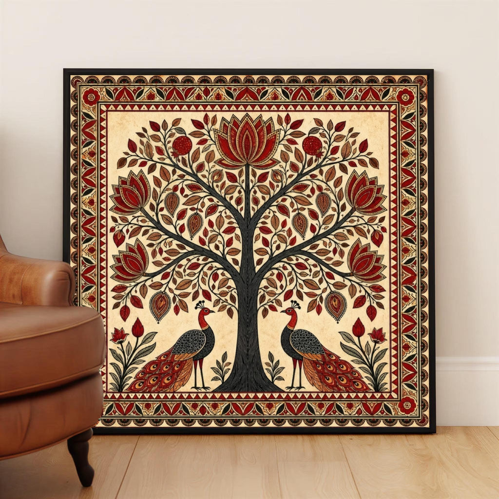 Madhubani Tree of Life Painting - Spiritual Indian Folk Wall Art - Symmetrical Botanical (Digital Printable)