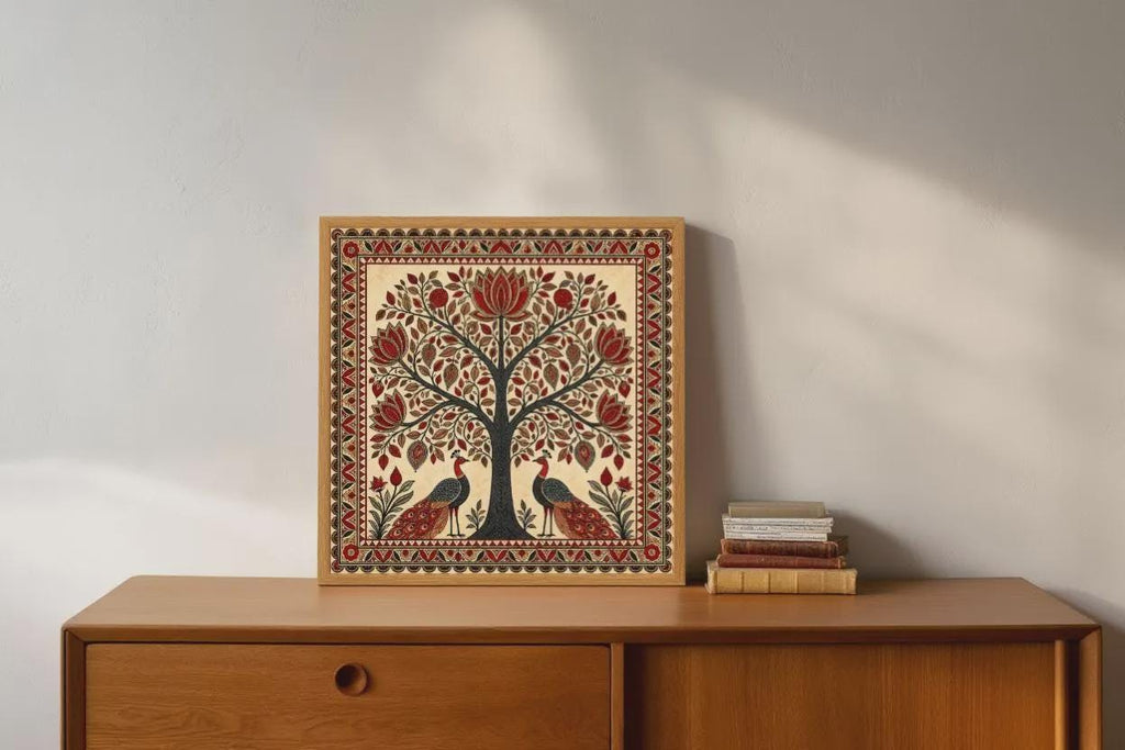 Madhubani Tree of Life Painting - Spiritual Indian Folk Wall Art - Symmetrical Botanical (Digital Printable)