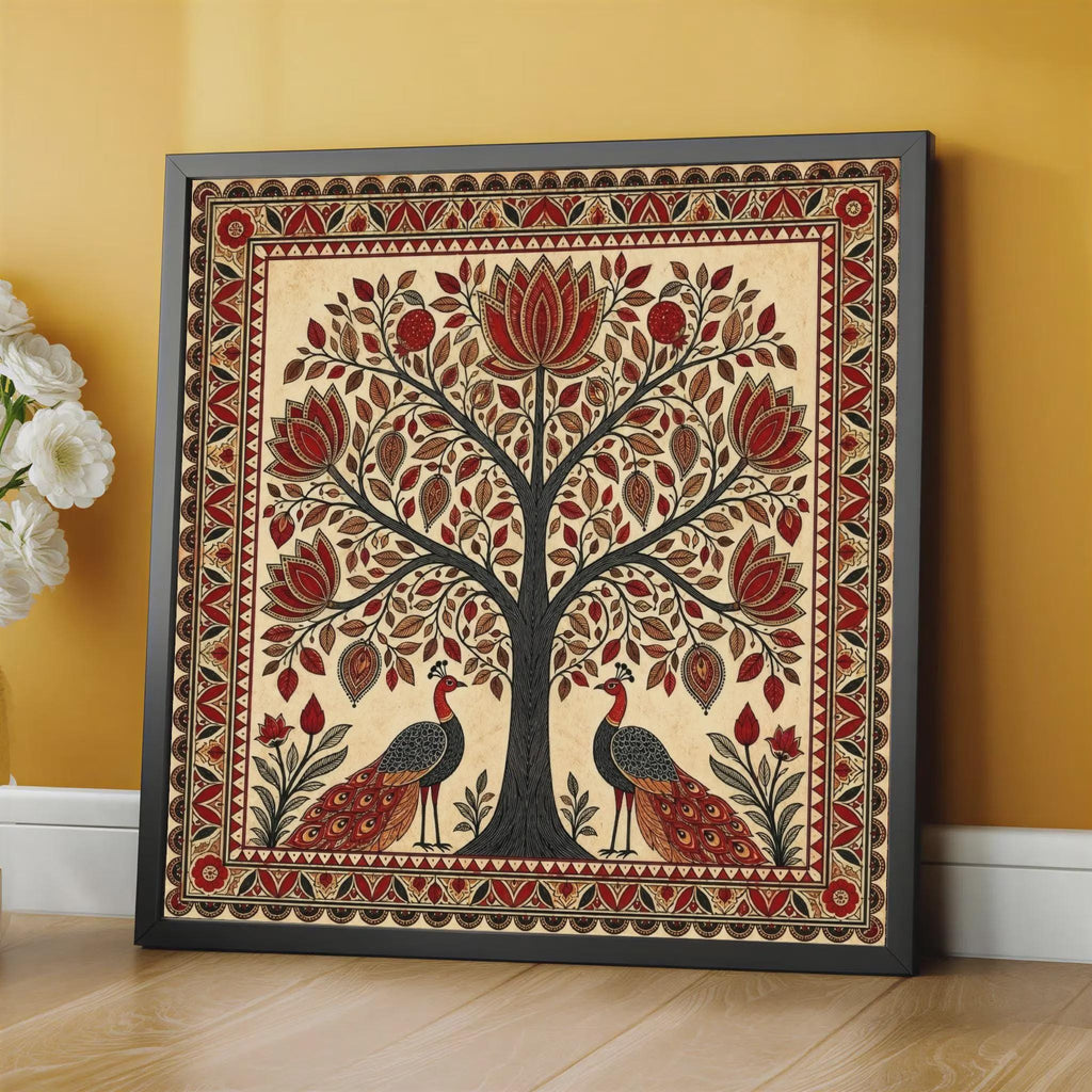 Madhubani Tree of Life Painting - Spiritual Indian Folk Wall Art - Symmetrical Botanical (Digital Printable)