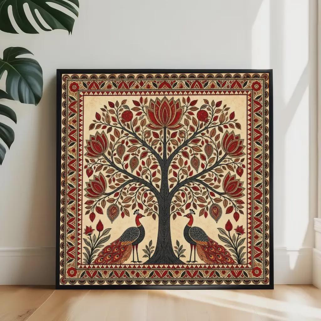 Madhubani Tree of Life Painting - Spiritual Indian Folk Wall Art - Symmetrical Botanical (Digital Printable)