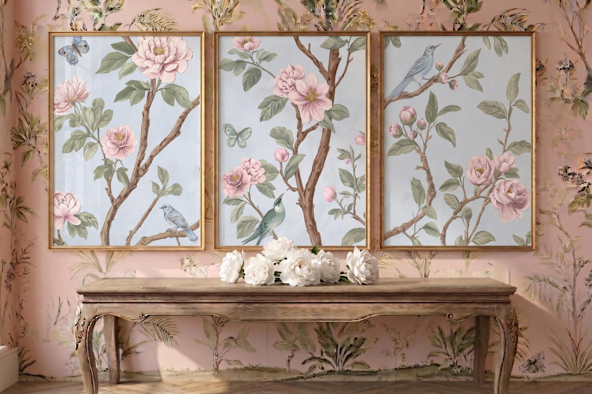 Light Blue, Pink, Green Chinoiserie, Pastel Chinese Wallpaper Print, Coquette Wall Art Set of 3, Birds & Flowers Botanical Tapestry Painting