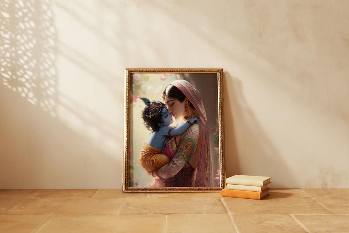 A framed image of a woman embracing a child, likely a baby, is displayed on a wall next to a stack of books.