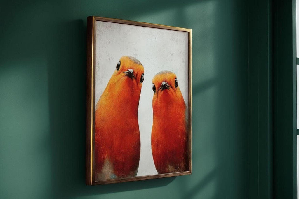 two vibrant orange birds standing side by side, with their heads tilted slightly upwards.