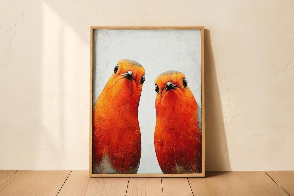 two vibrant red birds standing side by side, with their beaks open and their eyes focused on the camera.