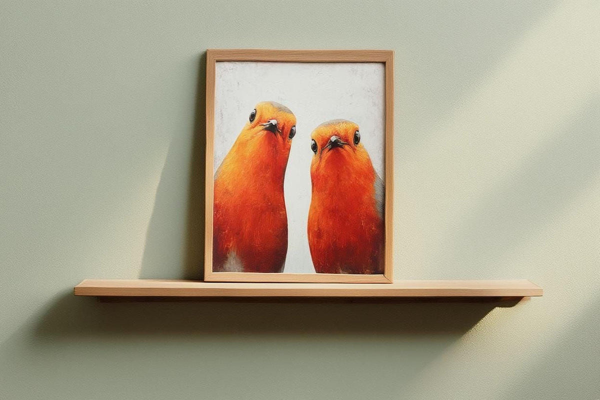 two vibrant orange birds perched together on a light brown shelf against a light green wall.