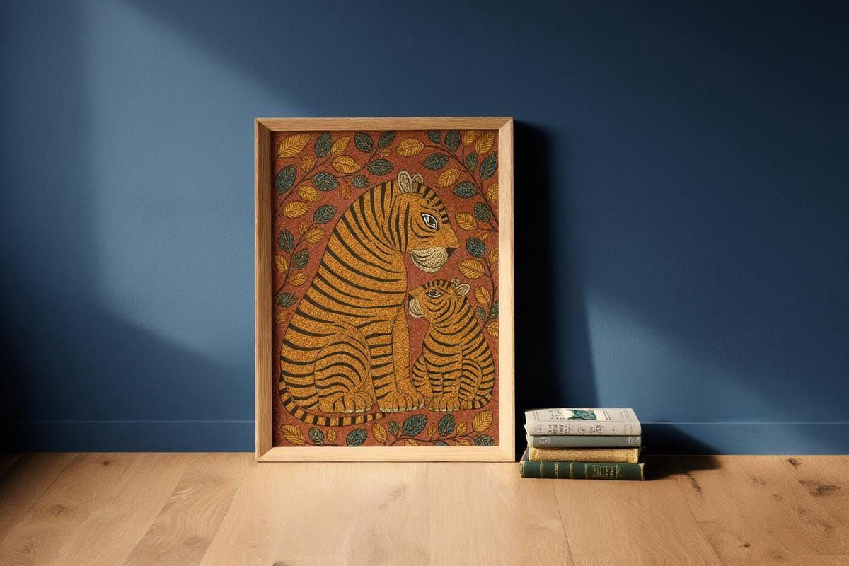 A framed painting of a tiger and its cub is displayed on a wooden floor against a blue wall, with a stack of books next to it.