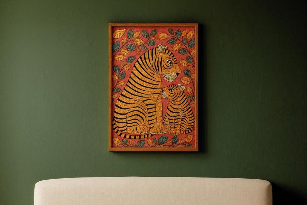 a framed painting of a tiger and its cub on a green wall.