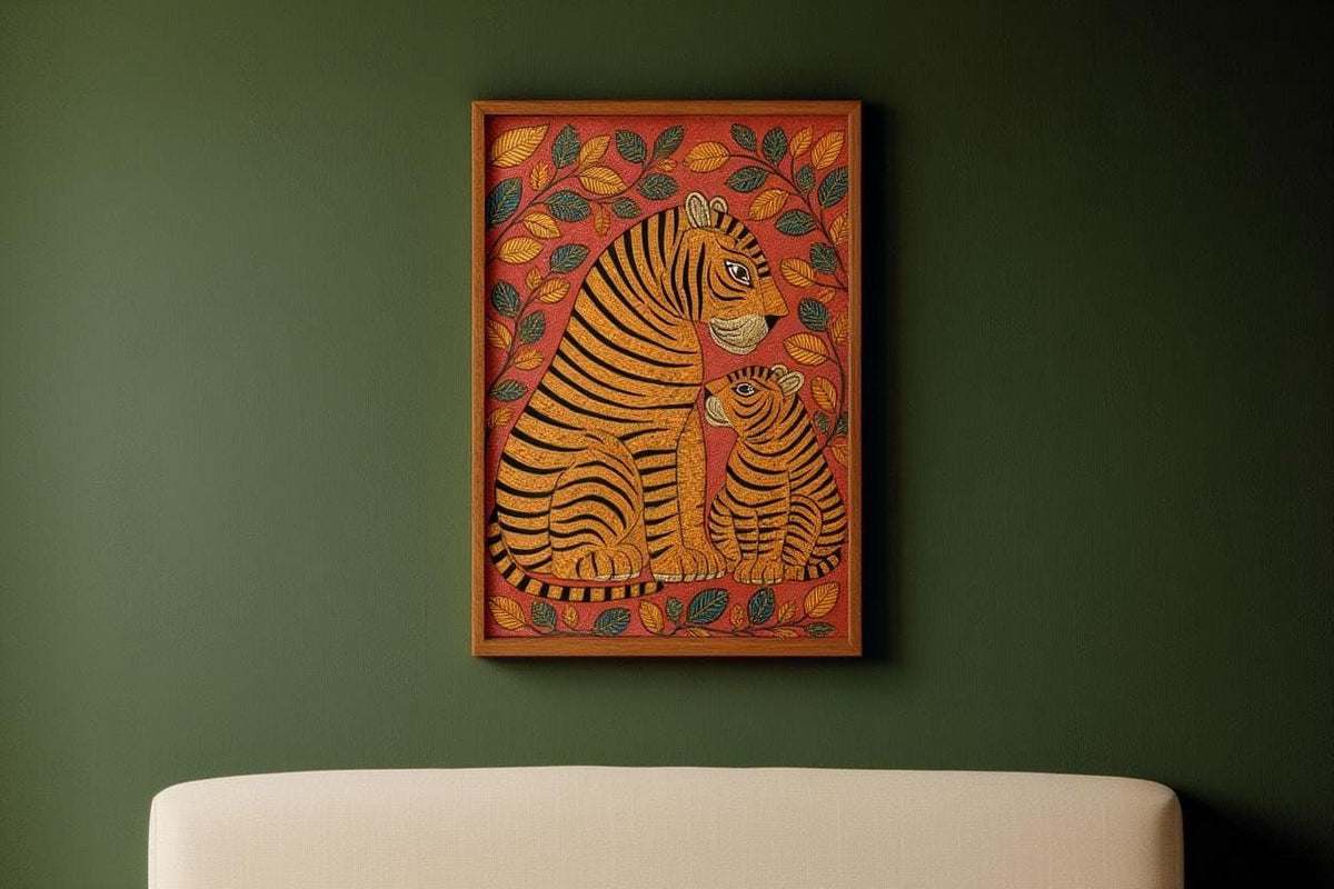 a framed painting of a tiger and its cub on a green wall.