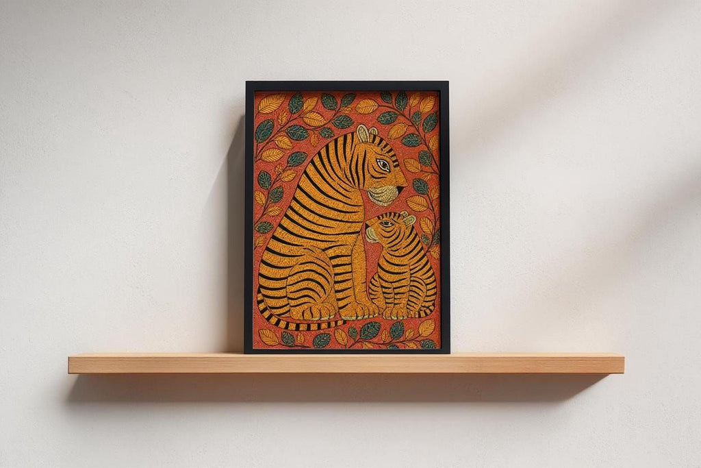 A framed painting of a tiger and its cub is displayed on a wooden shelf against a white wall.