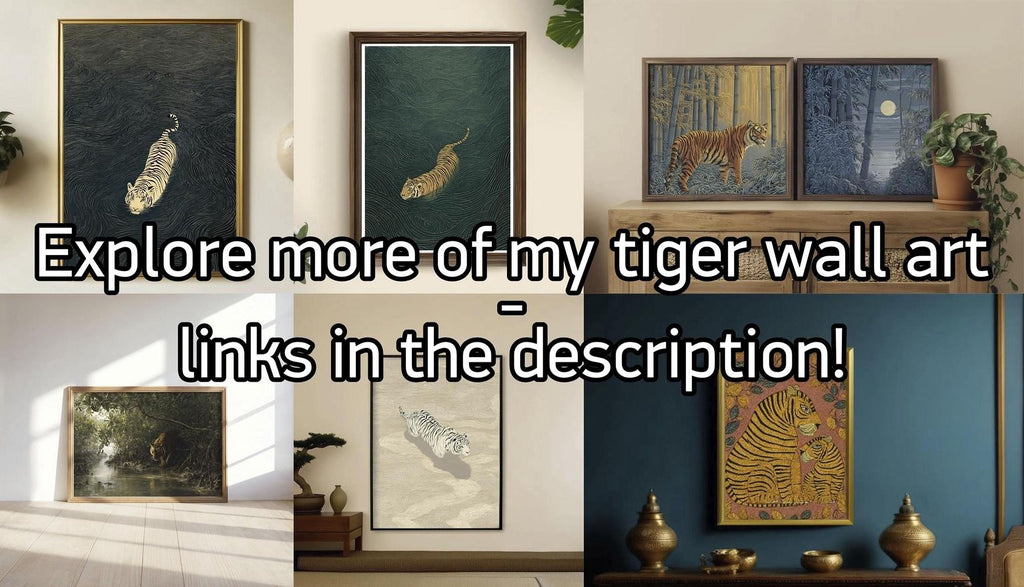 The image is a collage of six different framed artworks depicting various scenes and subjects, including a tiger, a landscape, and a still life composition.