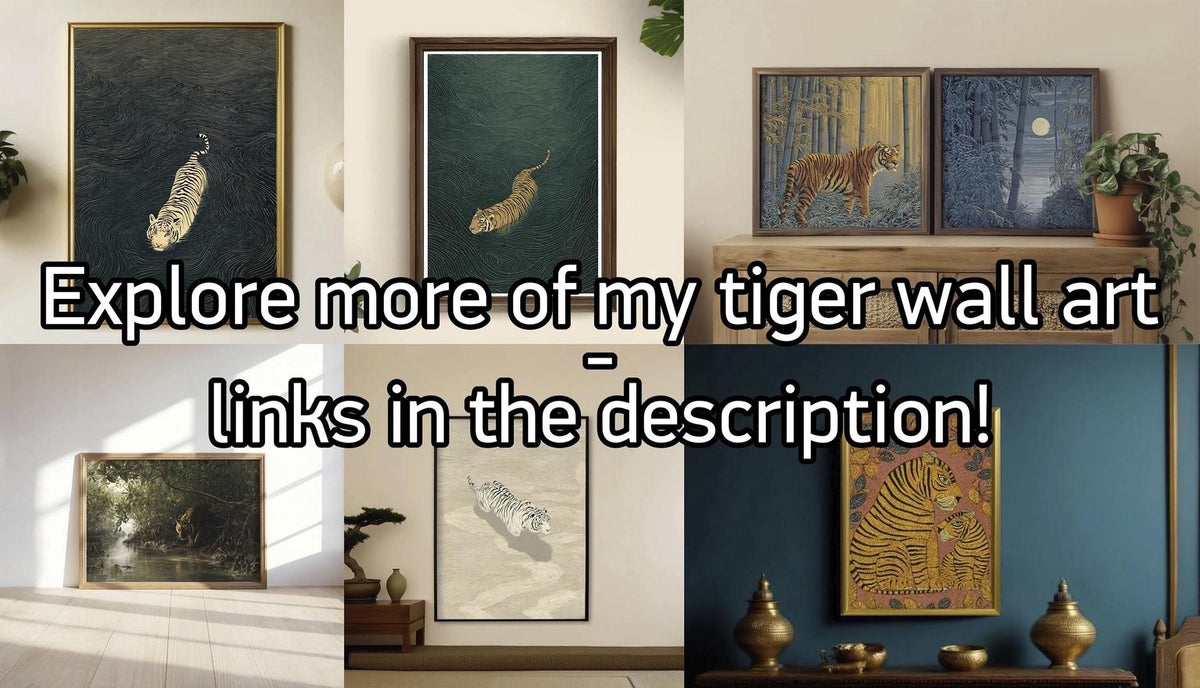 The image is a collage of six different framed artworks depicting various scenes and subjects, including a tiger, a landscape, and a still life composition.