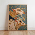 The image is a framed painting depicting three cows, each with distinct features and colors, set against a floral background.