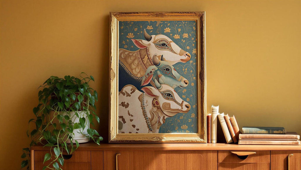 a framed painting of three cows, with a wooden dresser below it and a potted plant to the left.
