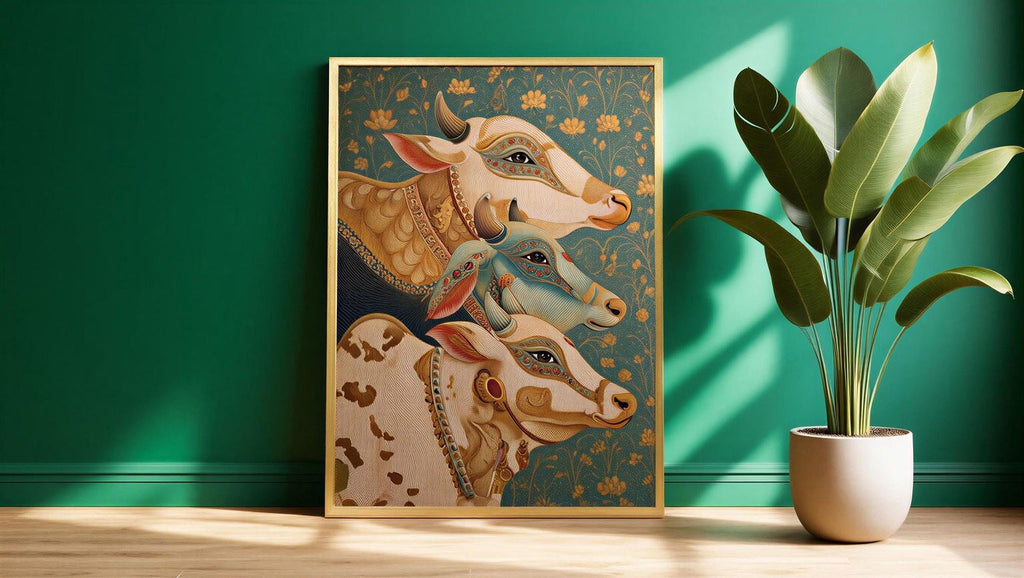 a framed painting of three cows, each with distinct features and colors, set against a green wall. The painting is placed on a wooden floor, and a potted plant is situated next to it, adding a touch of greenery to the scene.