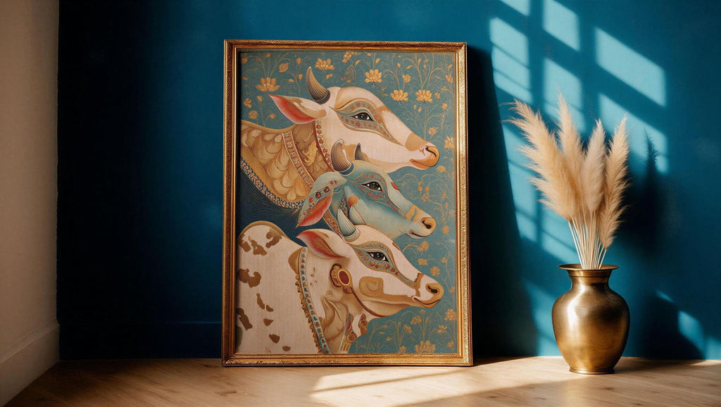 a framed painting of three cows, each with distinct features and colors, set against a blue background with a gold frame. Next to the painting is a gold vase with white pom poms, placed on a wooden floor.