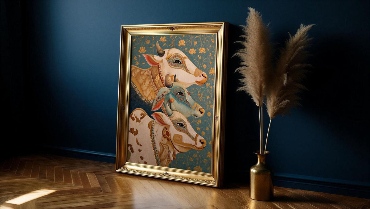 a large framed painting of three cows, with a blue background and gold frame, placed on a wooden floor next to a vase with pom poms.