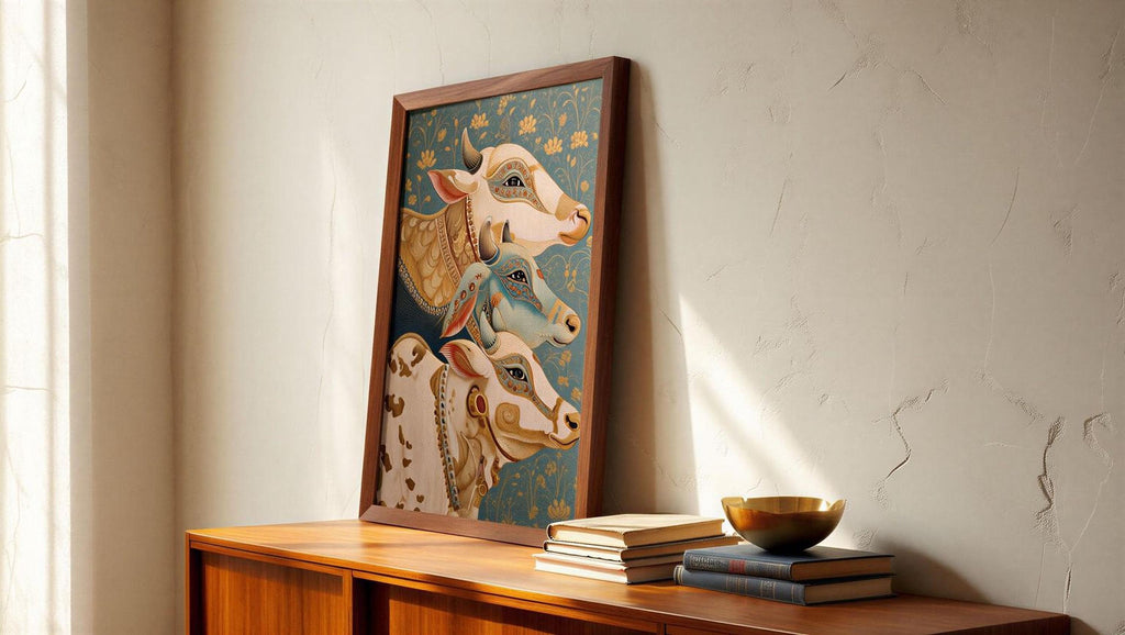 a wooden cabinet with a framed painting of three cows on top of it. The painting is placed on a shelf, and there are some books and a bowl on the shelf below it.