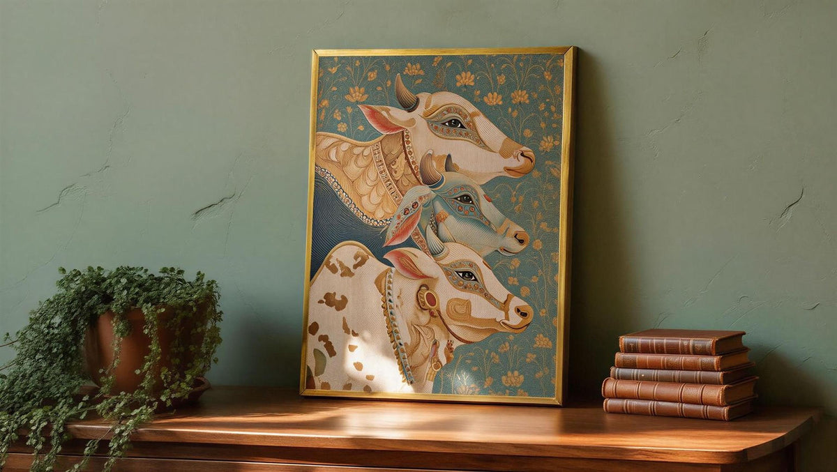 a framed painting of three cows, each with distinct features and colors, displayed on a wooden shelf. To the left of the painting, there is a potted plant, and to the right, there is a stack of books.