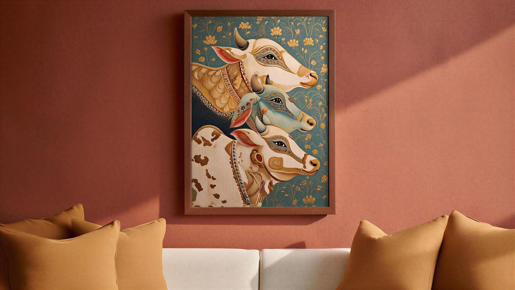 a framed painting of three cows, each with distinct features and colors, hanging on a wall above a white couch.