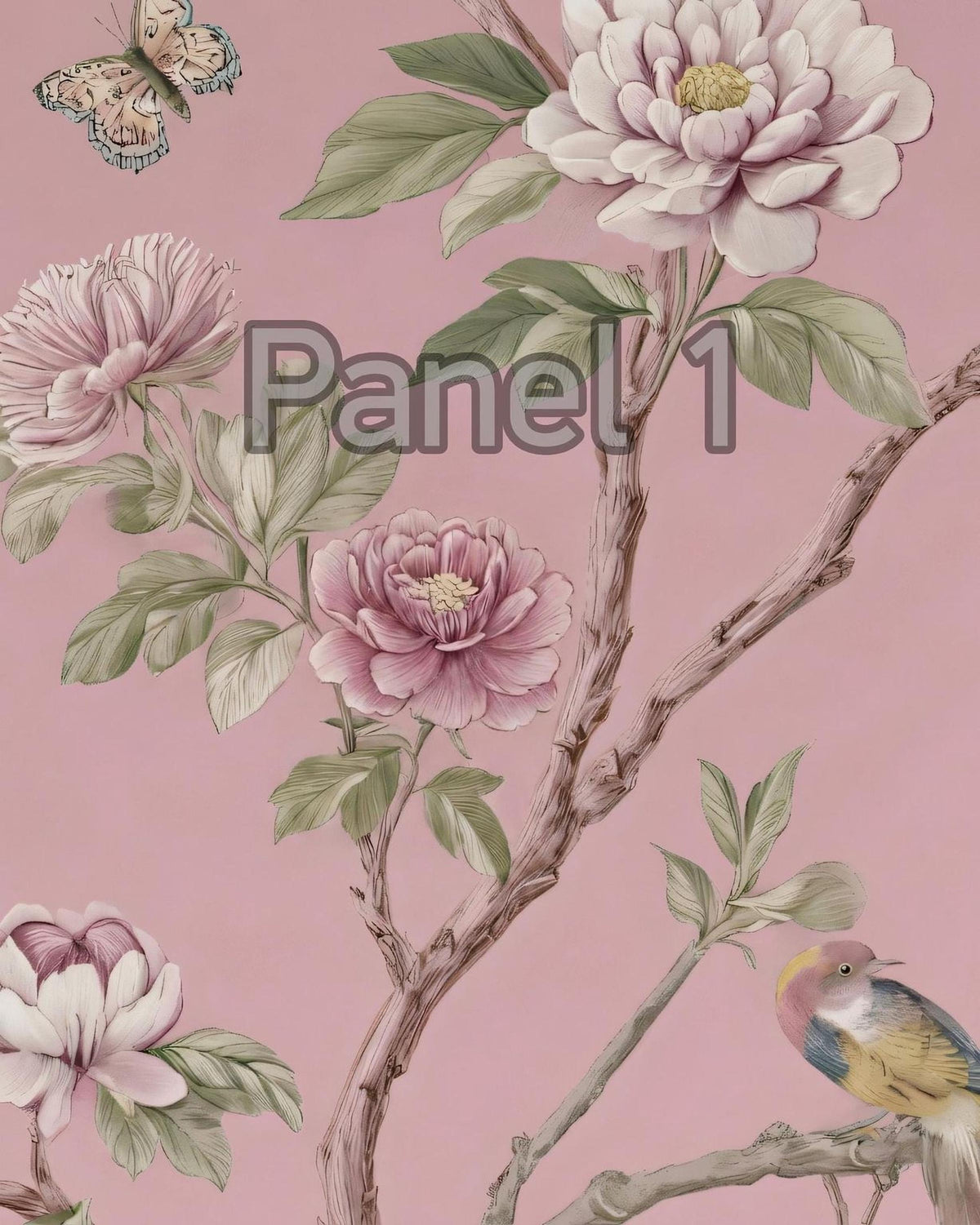 a panel with a pink background, adorned with various floral and bird illustrations. The panel includes a large pink flower, a smaller pink flower, and a bird perched on a branch. The background is a soft pink color, and there is a butterfly in the top left corner. The image is a collage of multiple images, and the text "Panel 1" is visible, indicating the panel number.