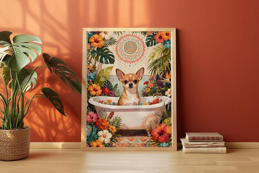 A framed painting depicting a small dog sitting in a bathtub surrounded by tropical plants and flowers, with a sun-like design in the background.