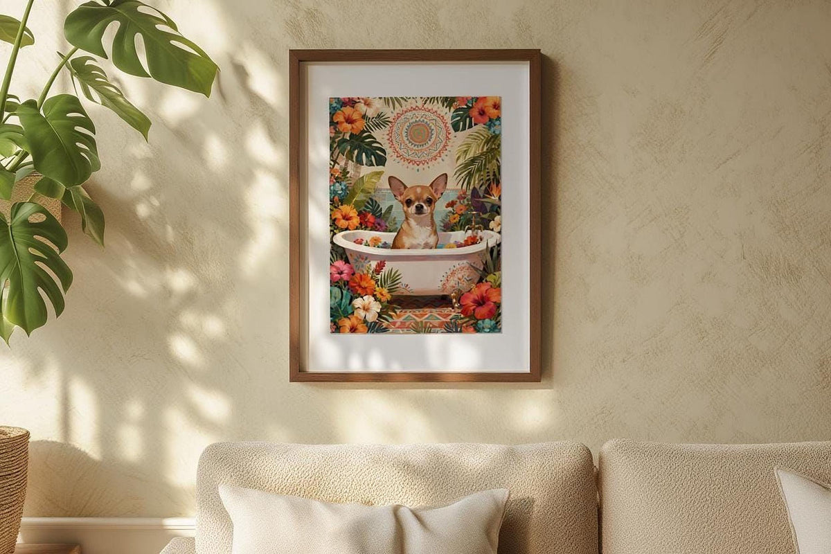 A framed picture of a dog sitting in a bathtub surrounded by tropical flowers and plants is hanging on a wall above a beige couch.