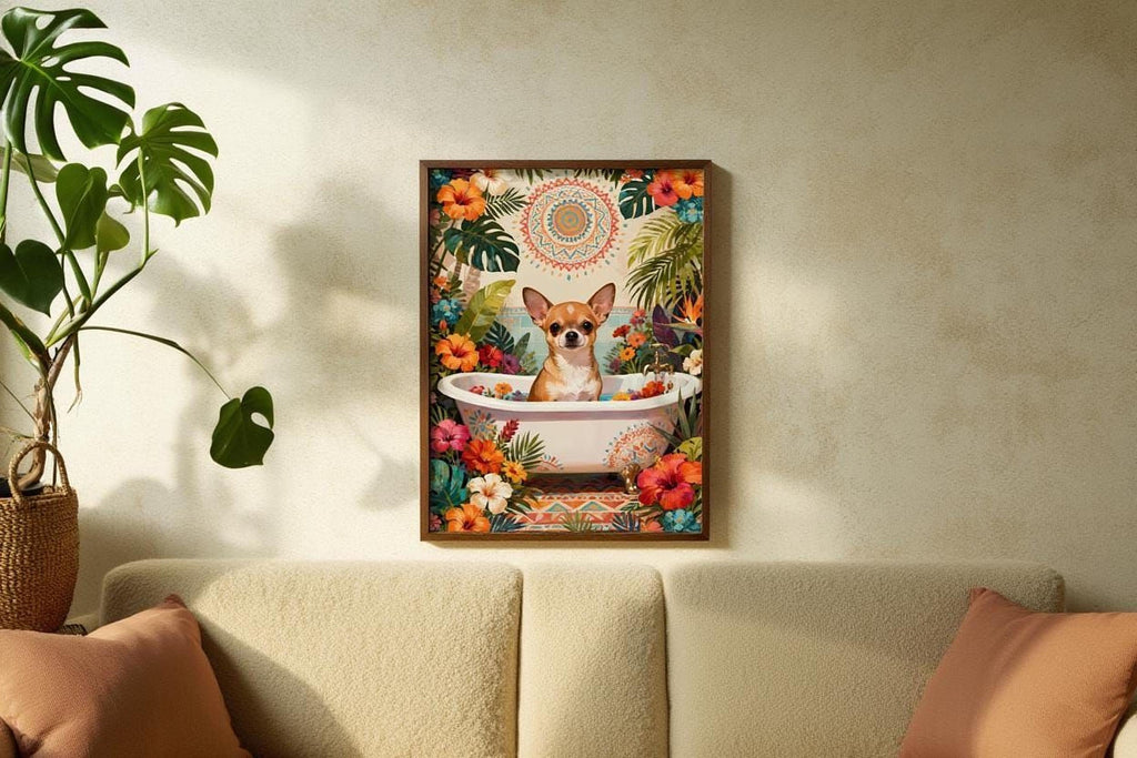 A framed painting of a small dog sitting in a bathtub surrounded by tropical plants and flowers, with a sun-like design at the top.