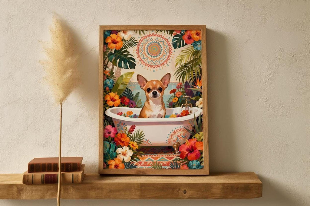 A framed illustration of a small dog sitting in a bathtub surrounded by tropical flowers and plants.
