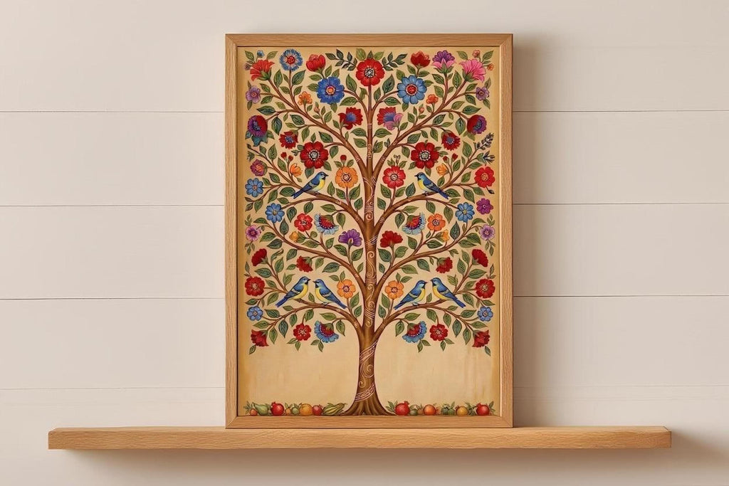 a framed painting of a tree with a variety of colorful flowers and birds perched on its branches.