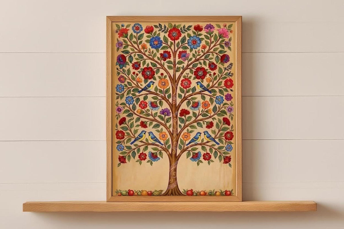 a framed painting of a tree with a variety of colorful flowers and birds perched on its branches.