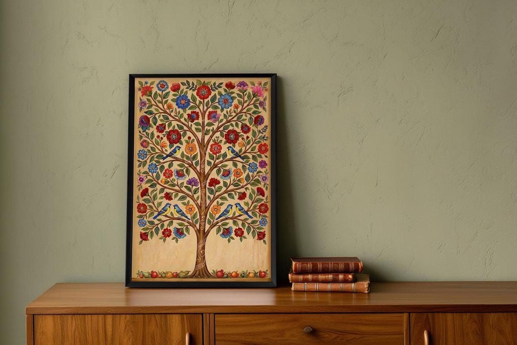 A framed painting of a colorful tree with flowers and birds is displayed on a wooden cabinet against a green wall.