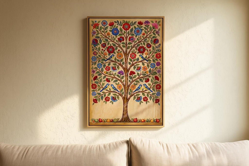 a framed painting of a tree with a colorful, intricate design of flowers and leaves.