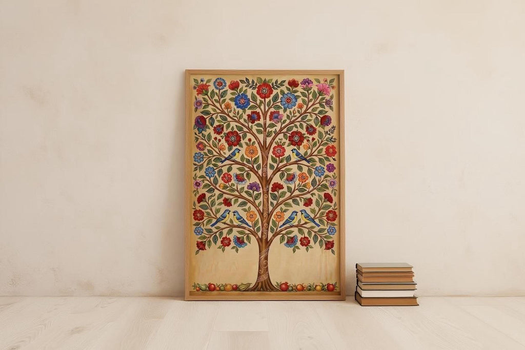 A framed painting of a colorful tree with flowers and birds is displayed on a white wall, accompanied by a stack of books.
