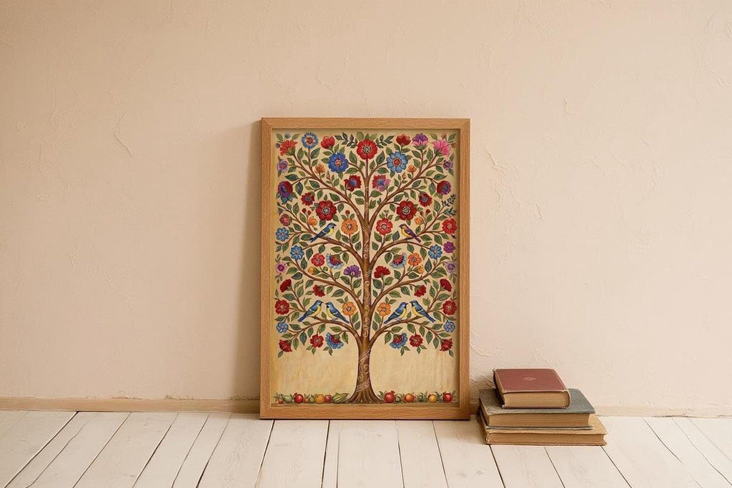 A framed painting of a colorful tree with flowers and leaves is displayed on a wall, accompanied by a stack of books and a wooden floor.