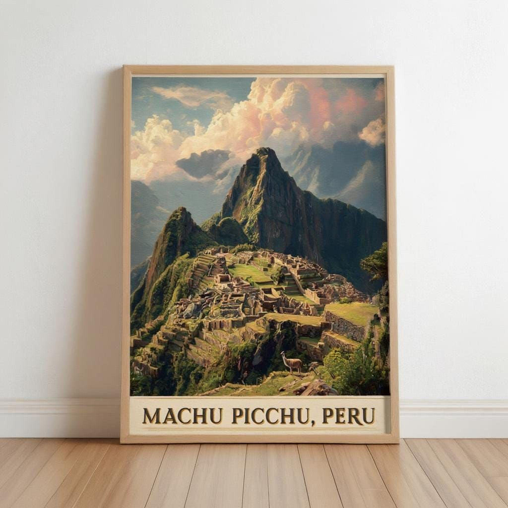 The image is a framed poster depicting the Machu Picchu ruins in Peru, showcasing the ancient Inca citadel nestled in the Andes mountains.
