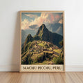 The image is a framed poster depicting the Machu Picchu ruins in Peru, showcasing the ancient Inca citadel nestled in the Andes mountains.