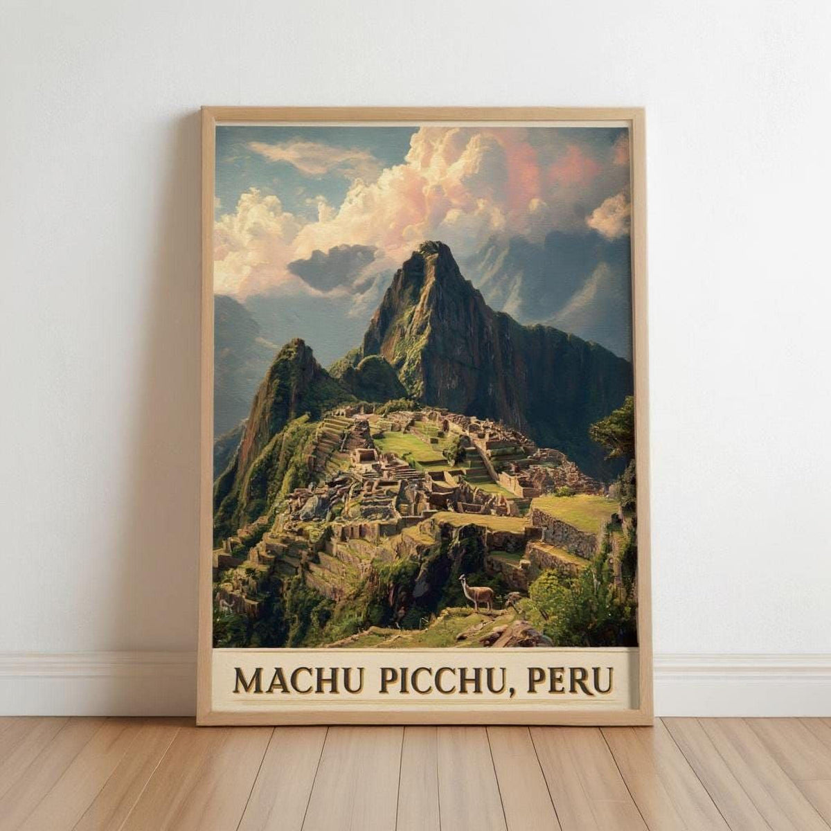 The image is a framed poster depicting the Machu Picchu ruins in Peru, showcasing the ancient Inca citadel nestled in the Andes mountains.