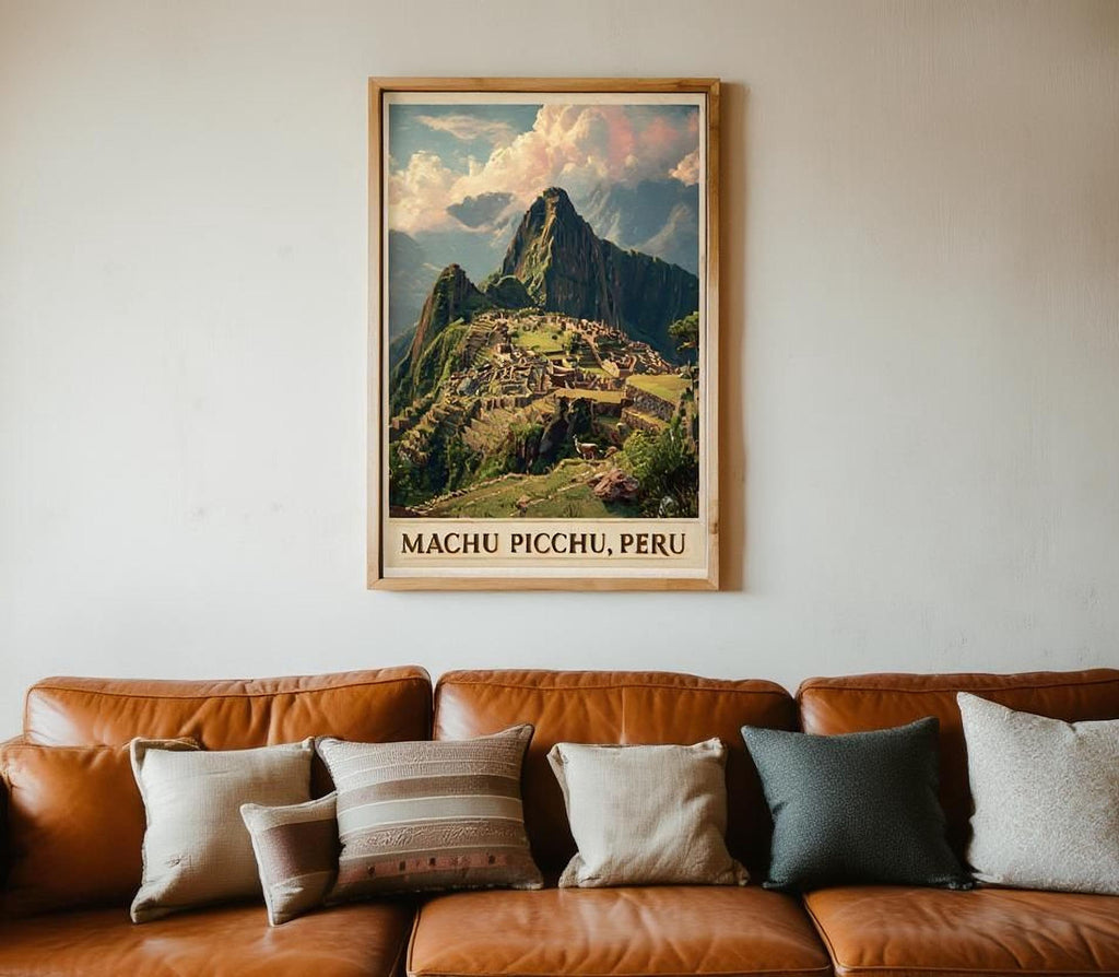 a framed poster of Machu Picchu, Peru, hanging on a wall above a brown leather couch with pillows.