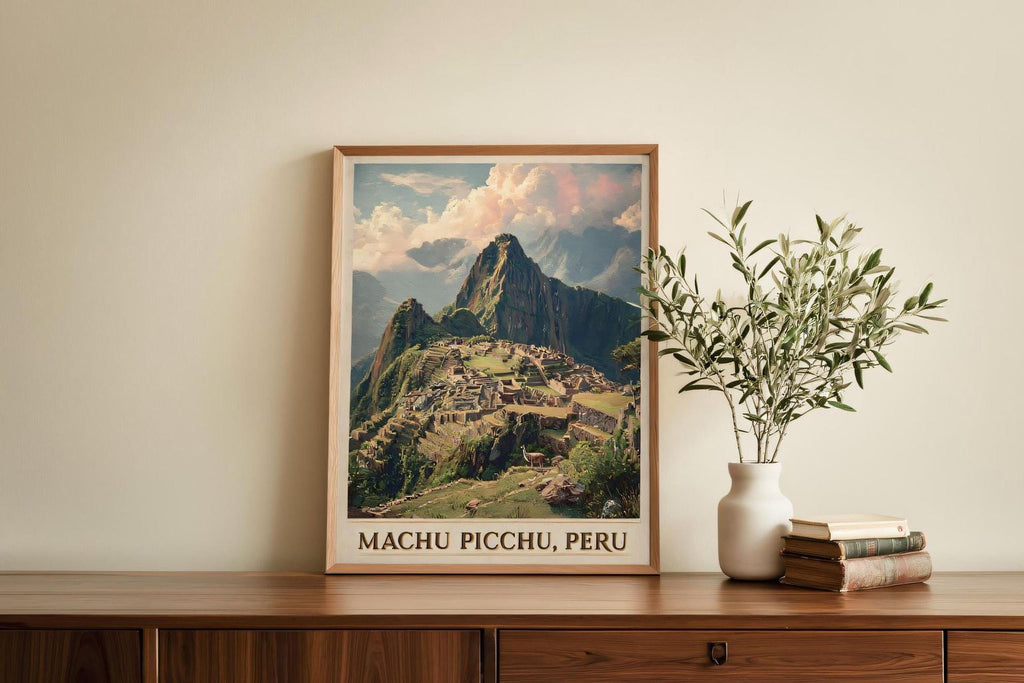a framed poster of Machu Picchu, Peru, displayed on a wooden shelf next to a stack of books and a potted plant.