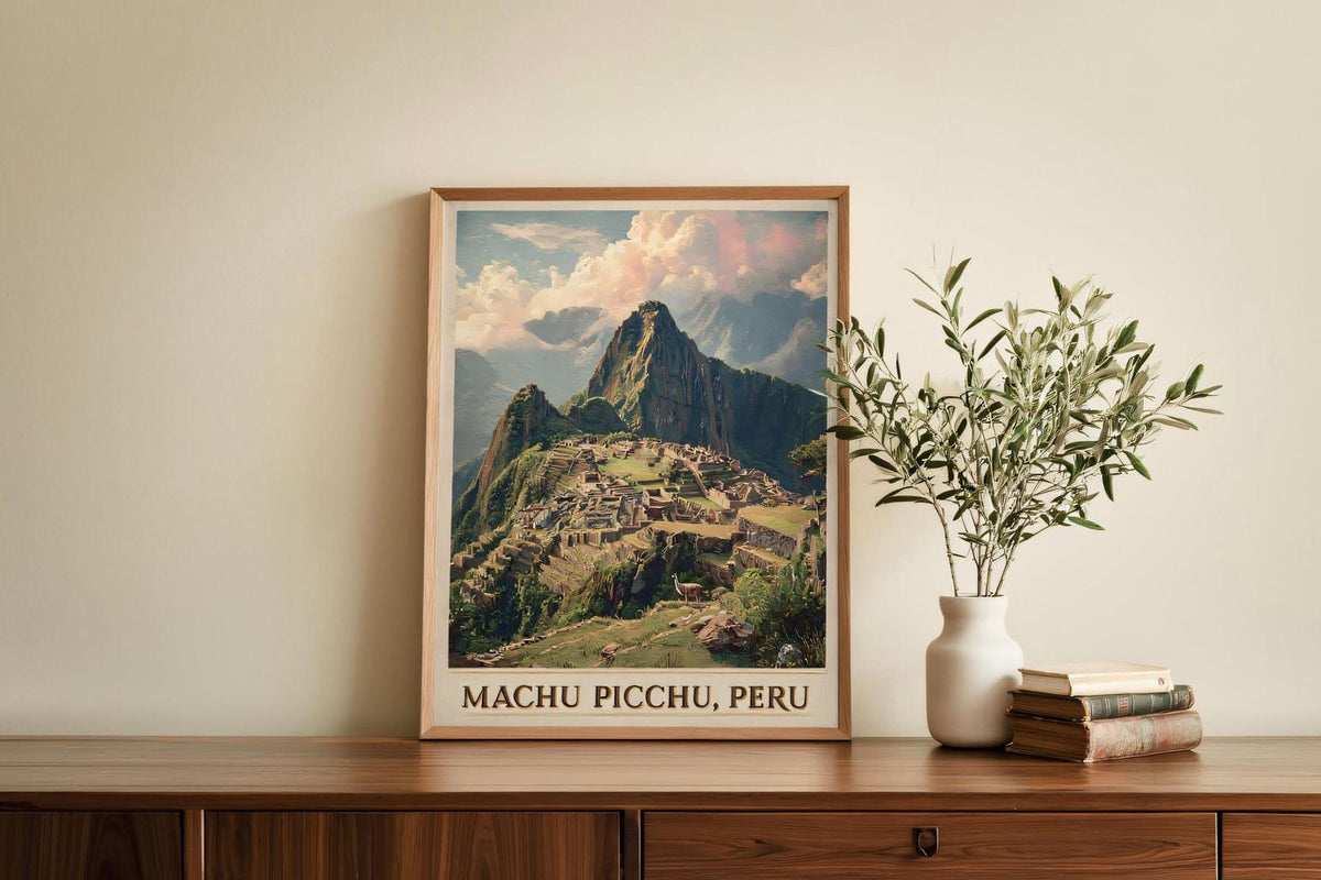 a framed poster of Machu Picchu, Peru, displayed on a wooden shelf next to a stack of books and a potted plant.