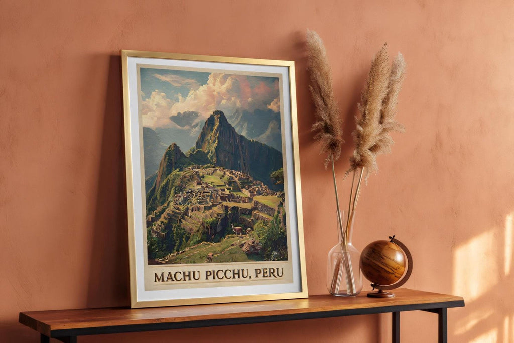 a framed poster of Machu Picchu, Peru, placed on a wooden shelf next to a glass vase with pampas grass and a wooden globe.