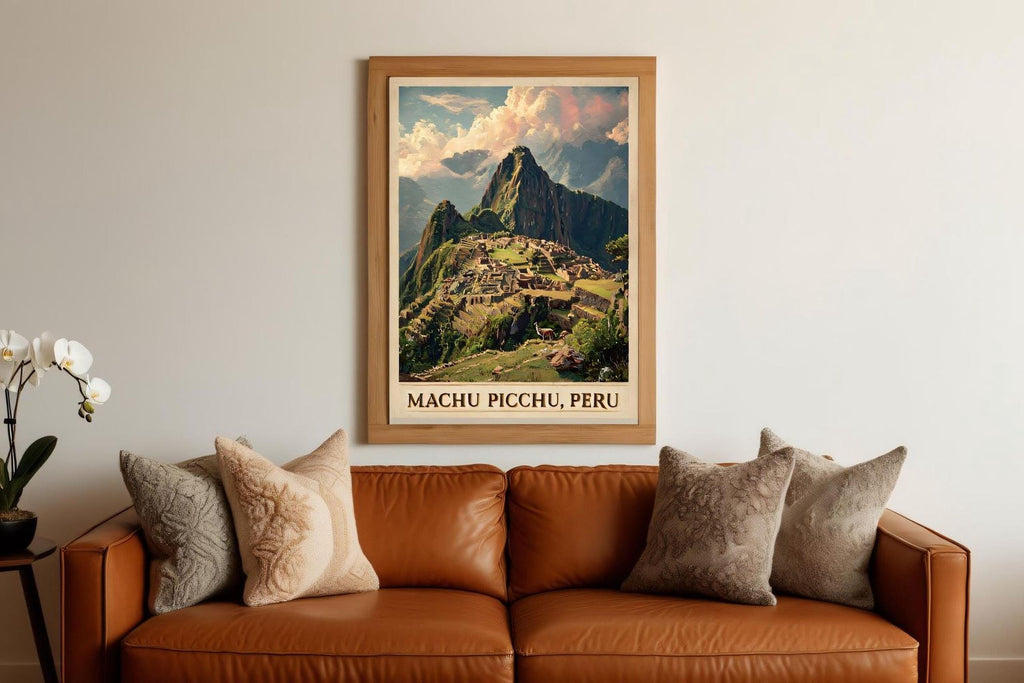 a framed poster of Machu Picchu, Peru, hanging on a wall above a brown leather couch with pillows.