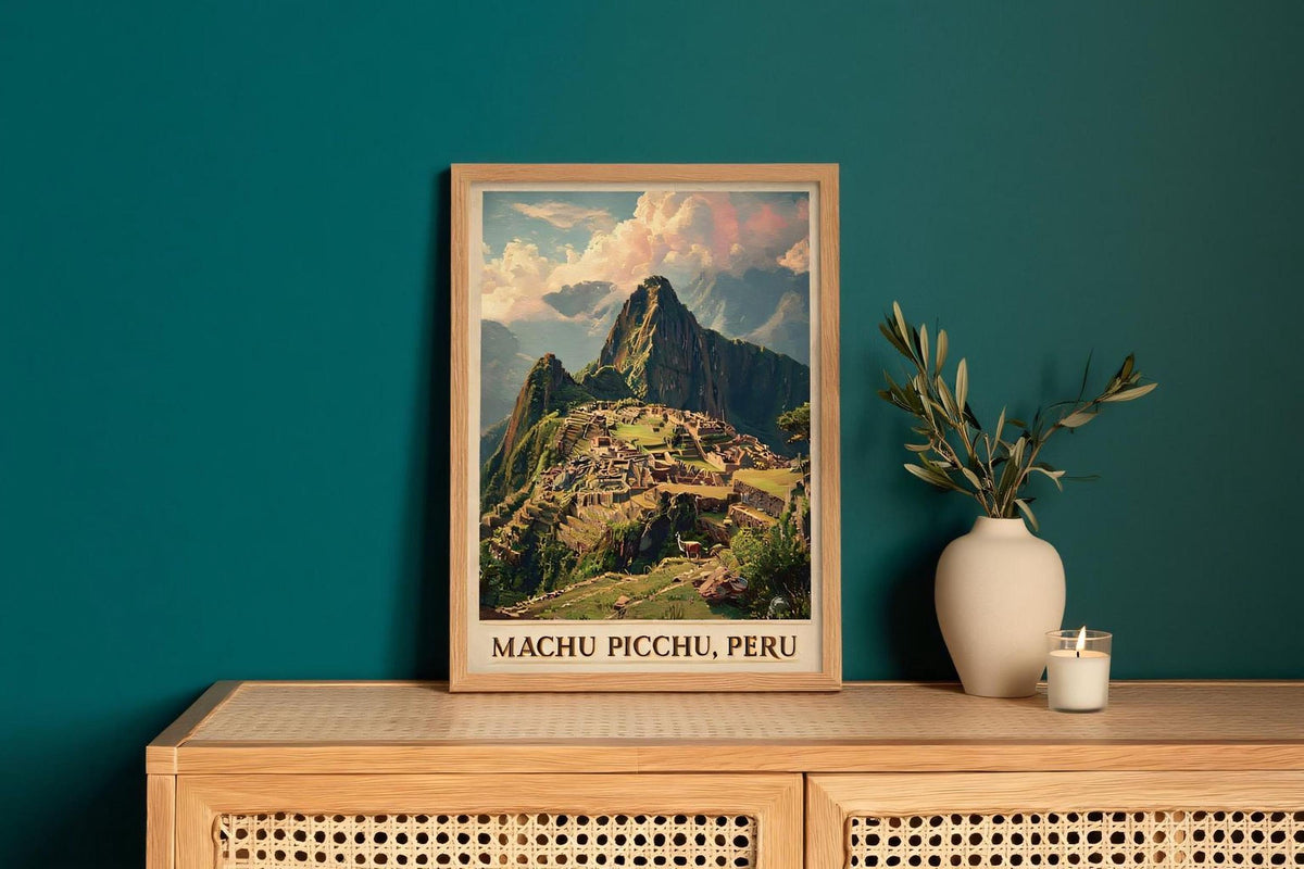 a framed picture of Machu Picchu, Peru, displayed on a wooden shelf against a teal wall. Next to the framed picture is a white vase with a candle inside, and a small plant is also present on the shelf.