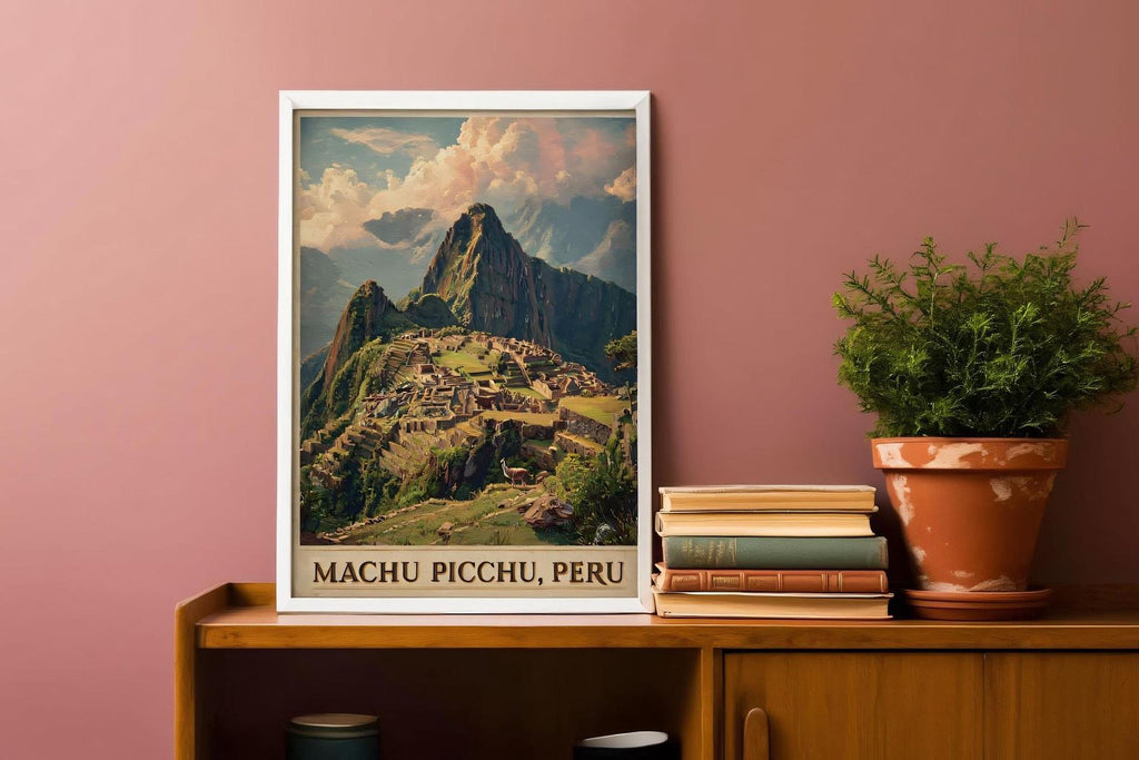 A framed poster of Machu Picchu, the ancient Inca citadel, is displayed on a wooden shelf next to a stack of books and a potted plant.