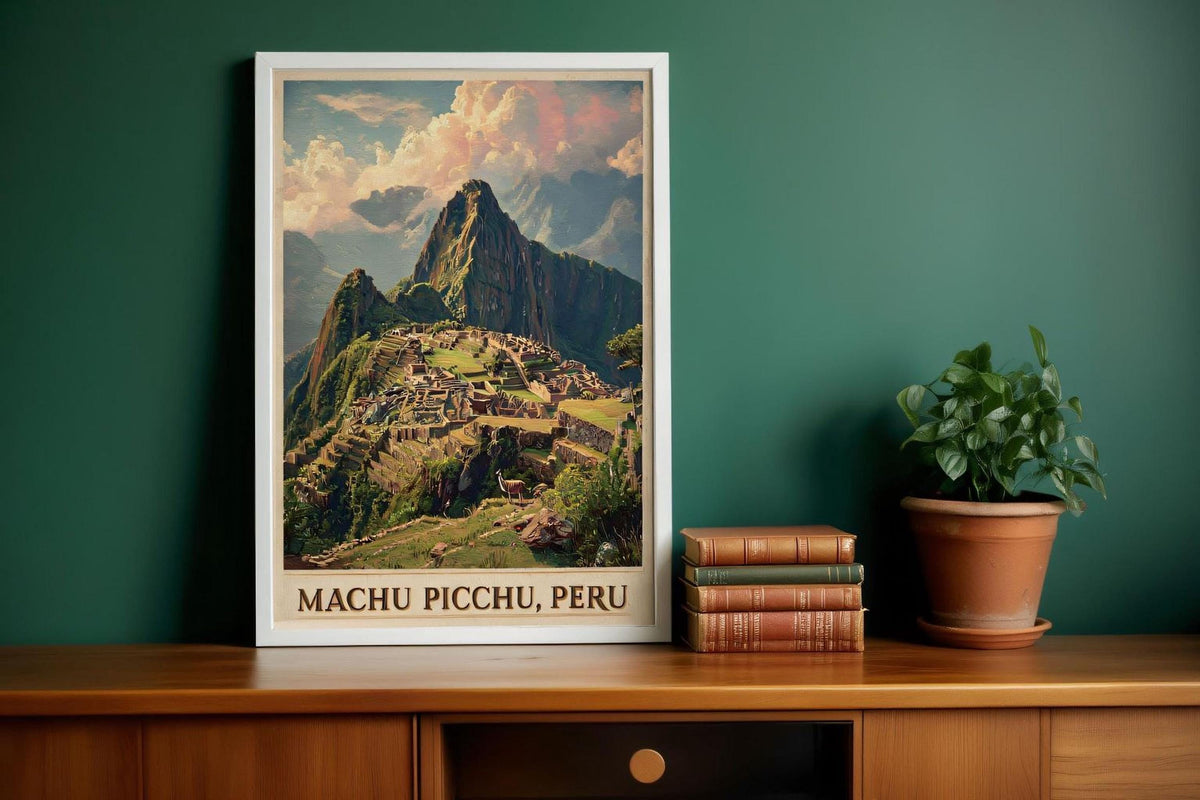 a framed poster of Machu Picchu, a historic Incan citadel located in the Andes mountains of Peru, placed on a wooden shelf next to a stack of books and a potted plant.