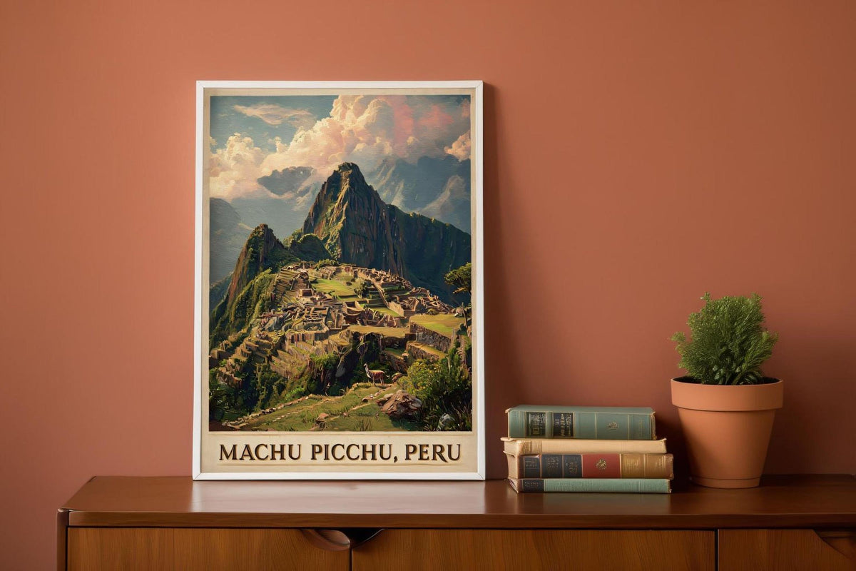 A framed poster of Machu Picchu, the ancient Inca citadel, is displayed on a wooden shelf next to a stack of books and a potted plant.